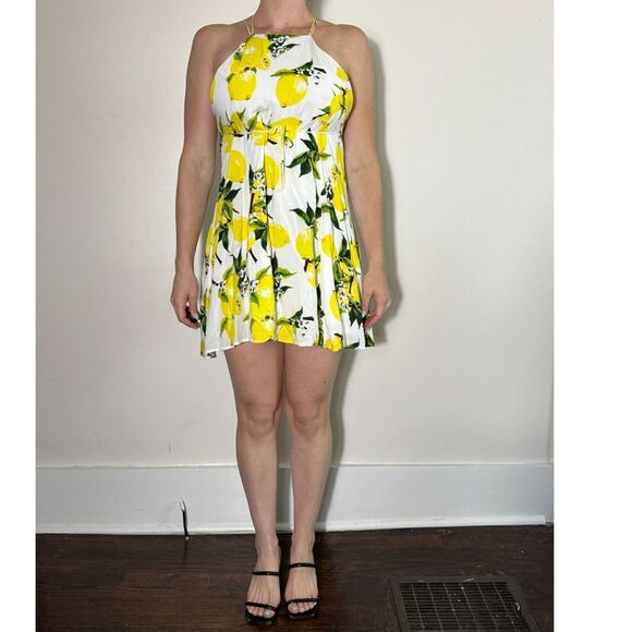 Blush High Neck White Yellow Lemon Open Back Mini Dress Size Small - Picture 1 of 3
